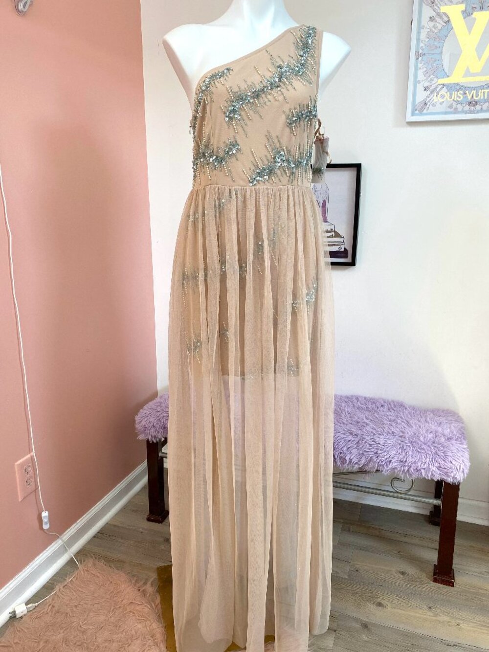 Aidan Aidan Mattox Pink Tan Hand Beaded Mesh Gown NWT Size 10